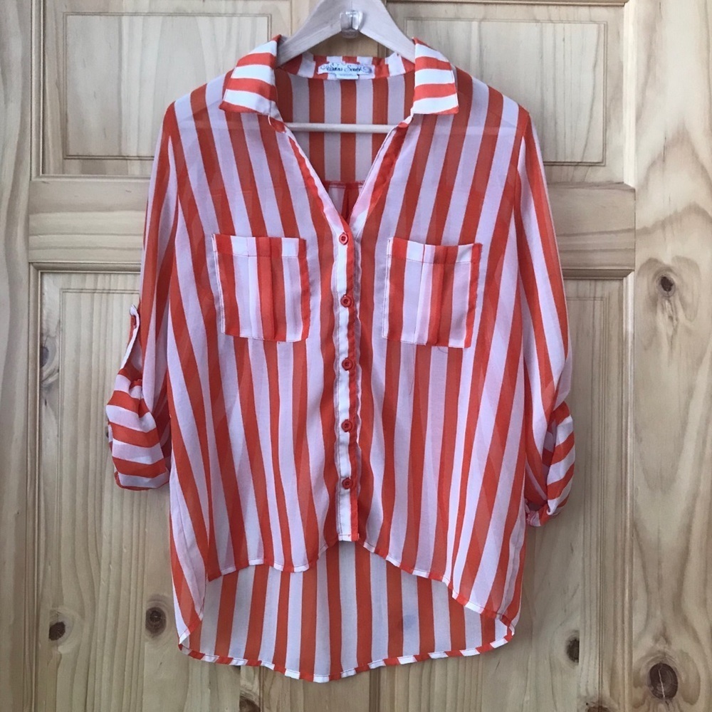 🎈SANS Souci sheer striped cuffed sleeve chest pocket high-low blouse size M